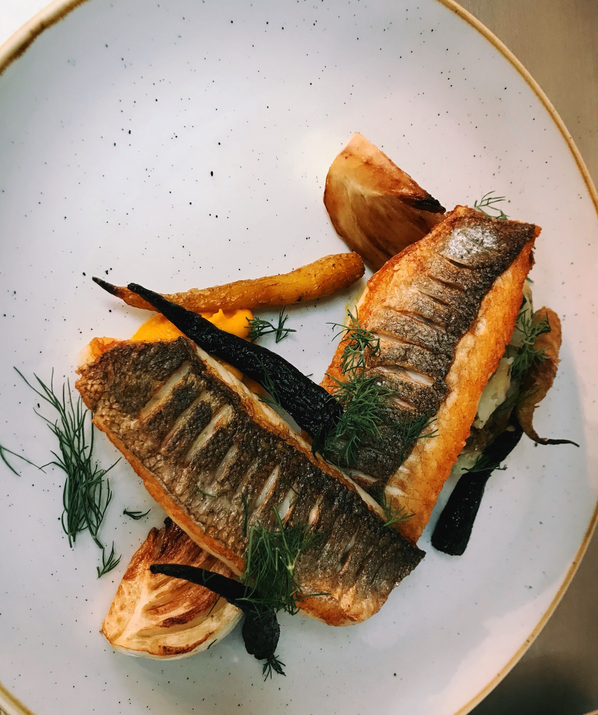 Pan fried sea bass with roasted vegetables and dill on a white plate